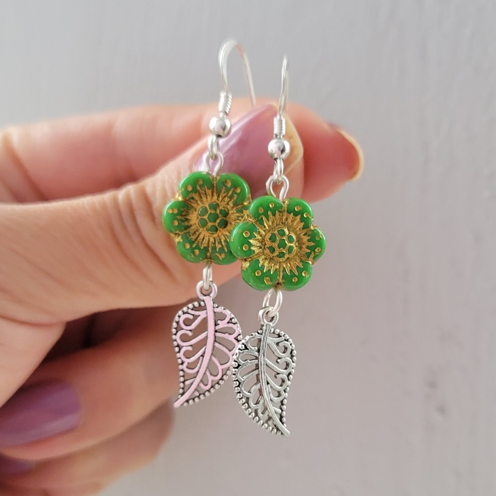 Handmade Flower And Leaf Silver Earrings - Picture 2 of 4